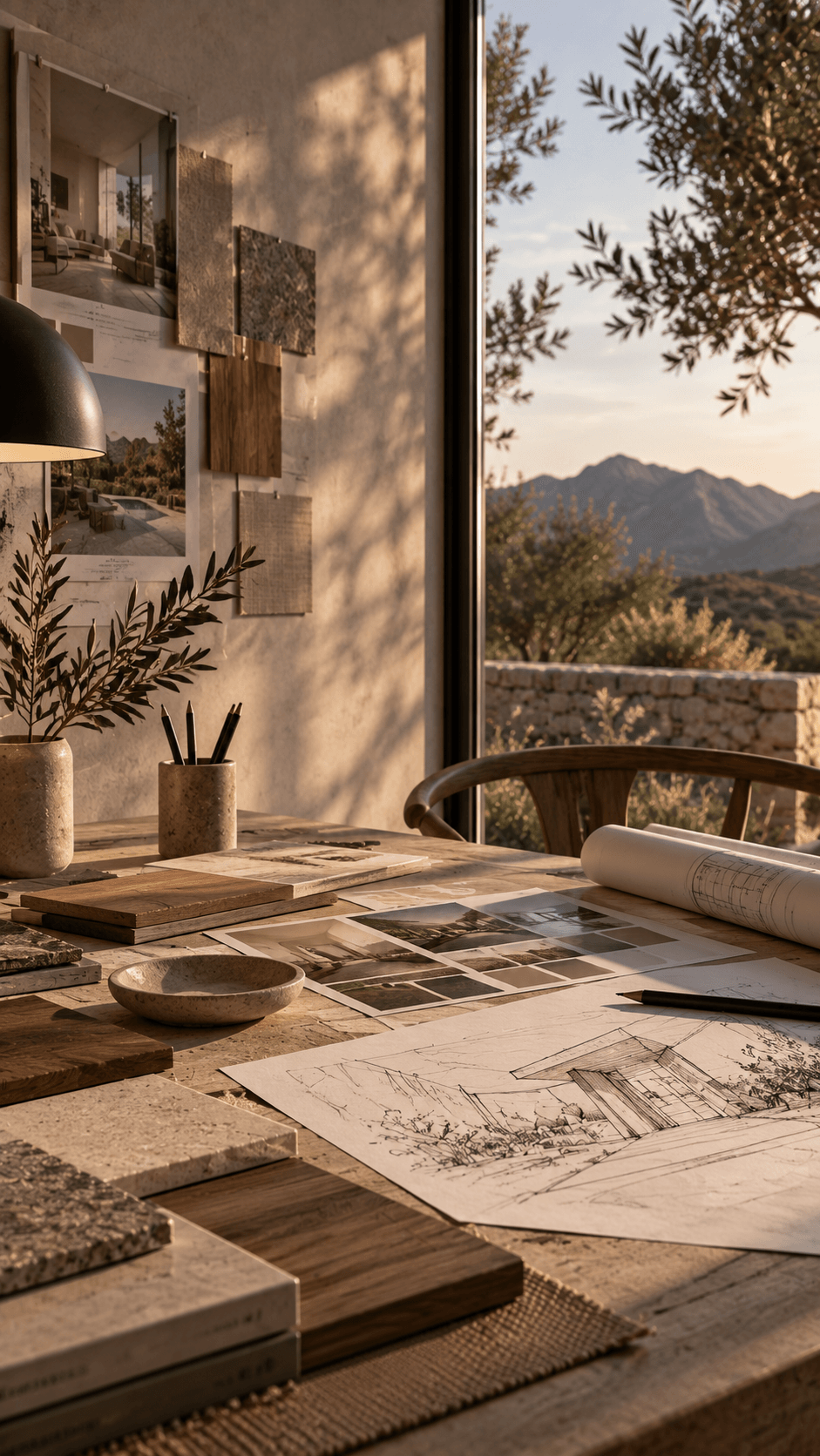Mesa de proyecto con planos y muestras materiales